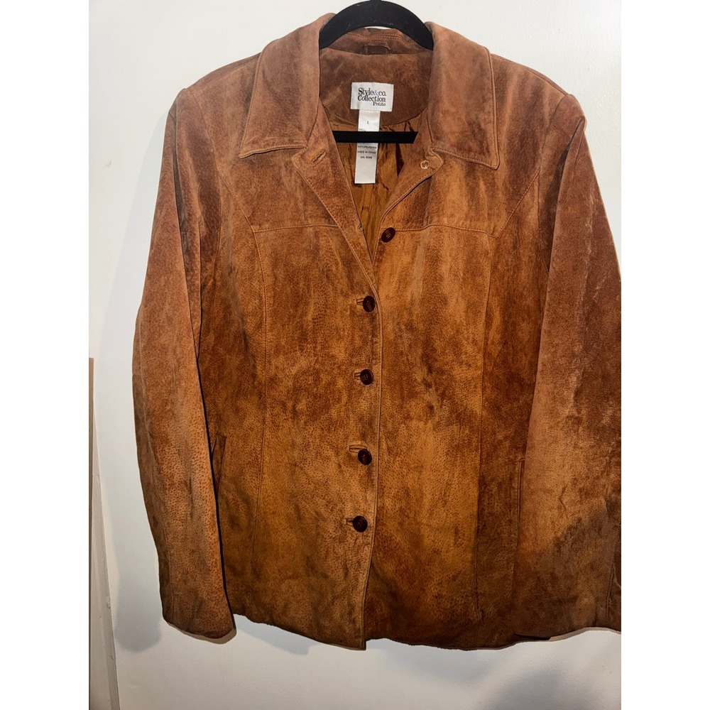 Style & Co Petite Brown Suede Leather Jacket Button Front Cognac Size L Petite
